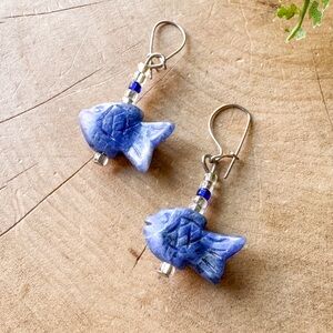 Boho Blue & Clear Seed Bead Carved Sodalite Fish Earrings 925 Silver